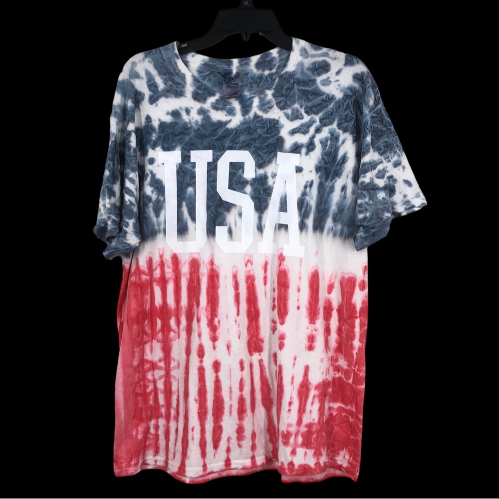 UNISEX USA Tye Dye T-Shirt, Red White Blue; Large Spellout; Celebrate America L